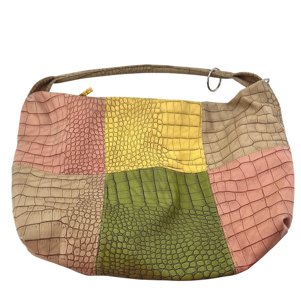 Multicolor Patchwork Croc Embossed Hobo Shoulder‎ Bag Large Slouchy Boho Zipper